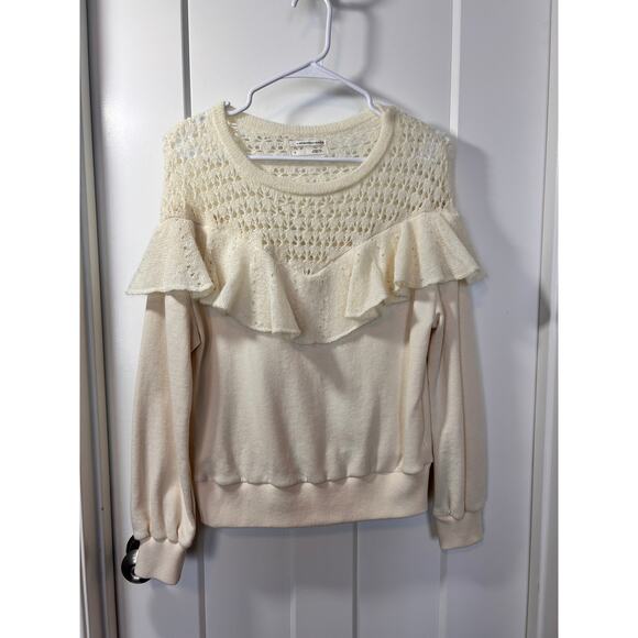 Anthropologie Layered Ruffle Collar Crochet Knit Pullover Sweater Cream SZ Small - Picture 4 of 10